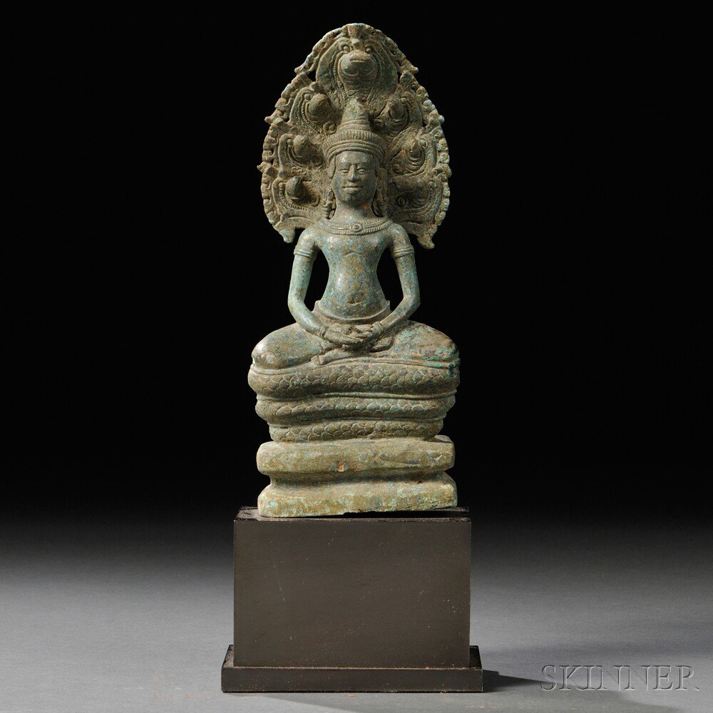 Appraisal: Bronze Figure of Buddha Protected by Mucalinda Southeast Asia depicted