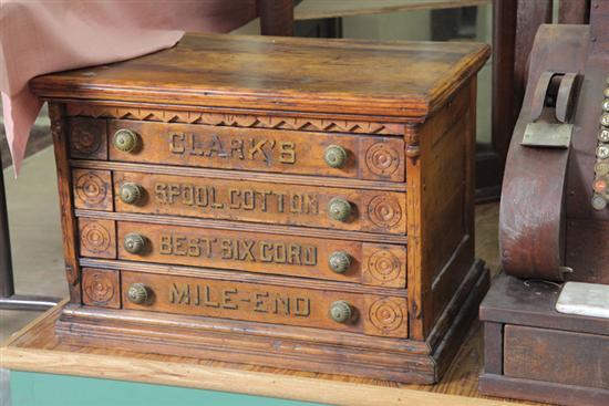 Appraisal: FOUR DRAWER SPOOL CABINET BY CLARK'S Wooden Clark's ''Mile-End'' spool