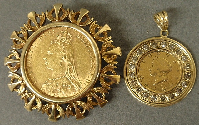 Appraisal: - Queen Victoria gold coin in an ornate k gold