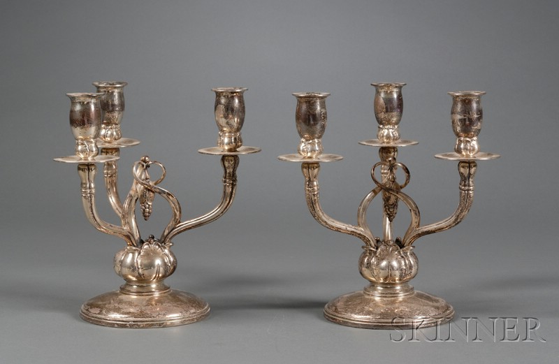 Appraisal: Pair of Gorham Weighted Sterling Jensen-style Three Light Candelabra elongated