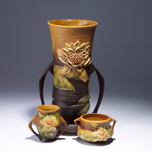 Appraisal: Three ROSEVILLE brown Waterlily pieces to include a tall vase