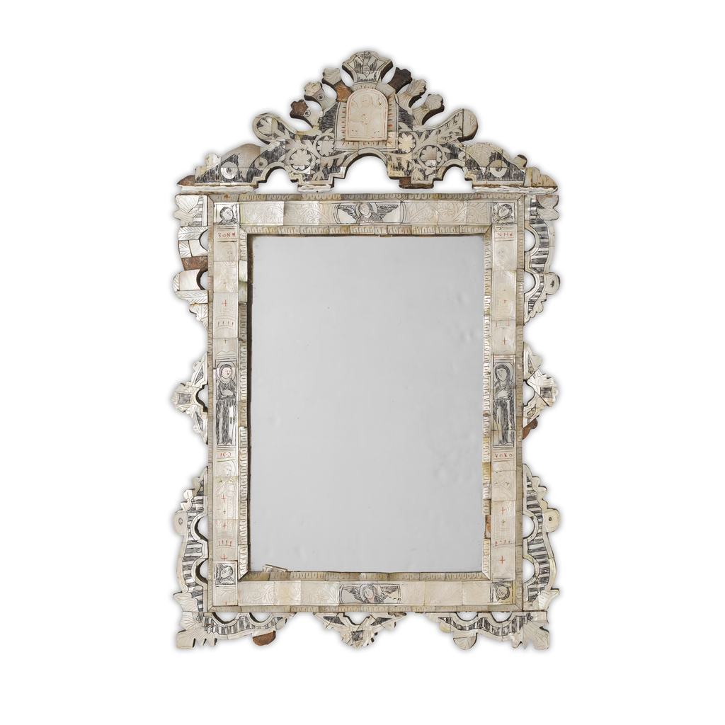 Appraisal: JERUSALEM MOTHER-OF-PEARL MIRROR TH CENTURY of rectangular form with shaped