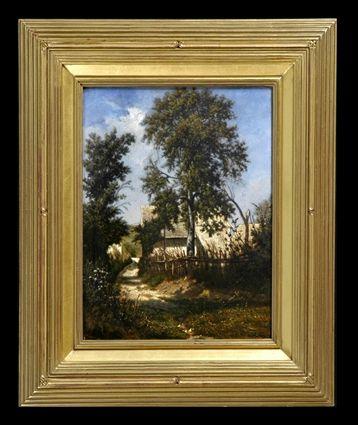 Appraisal: AMERICAN SCHOOL COUNTRY LANDSCAPE WITH COTTAGES Oil on wood panel