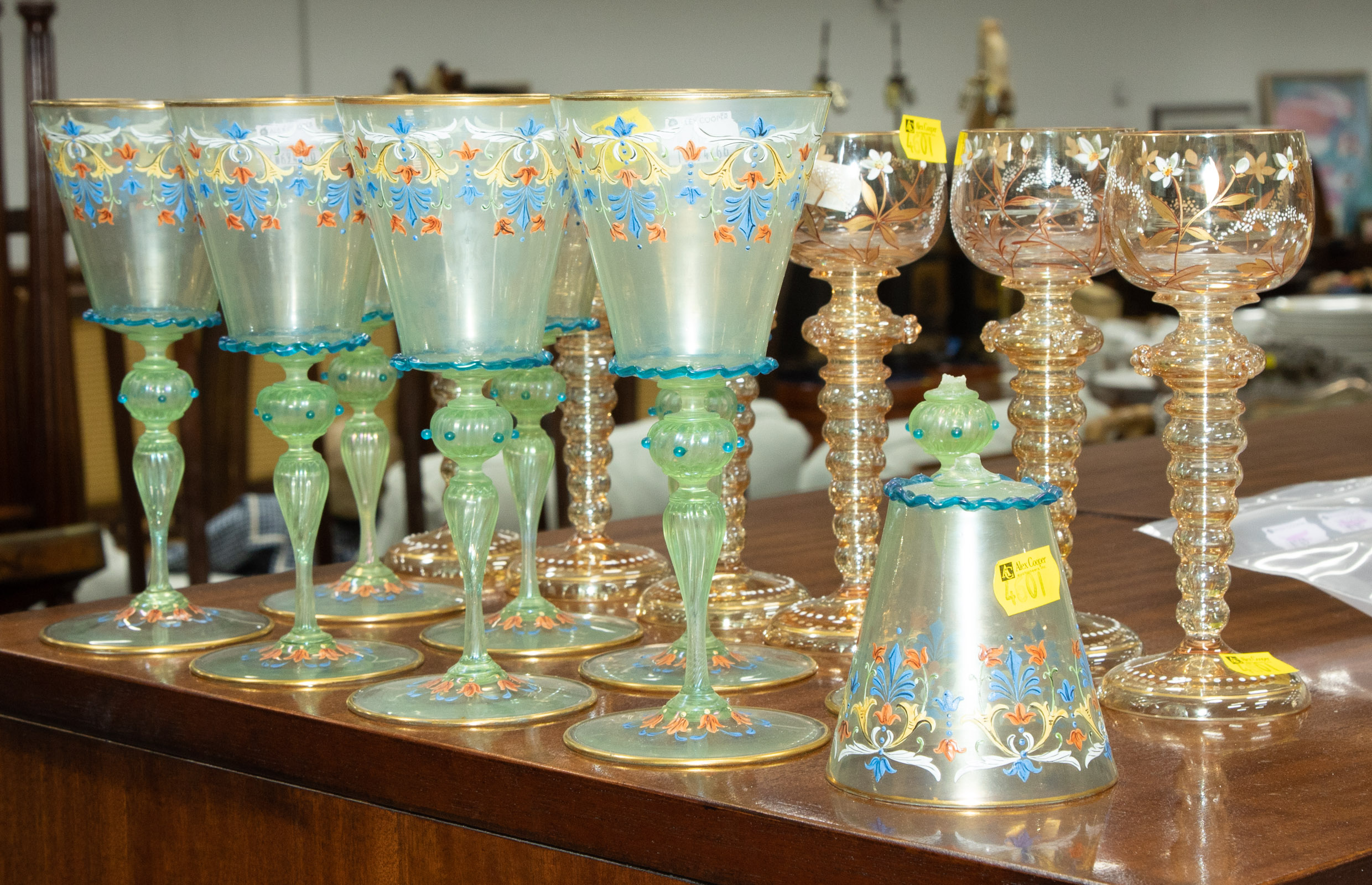 Appraisal: TWO GROUPS OF ENAMEL DECORATED STEMWARE Bohemia circa comprising seven