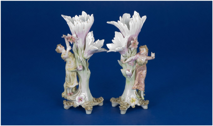 Appraisal: Pair of Volkstedt Figure Specimen Vases Delicate pieces showing young