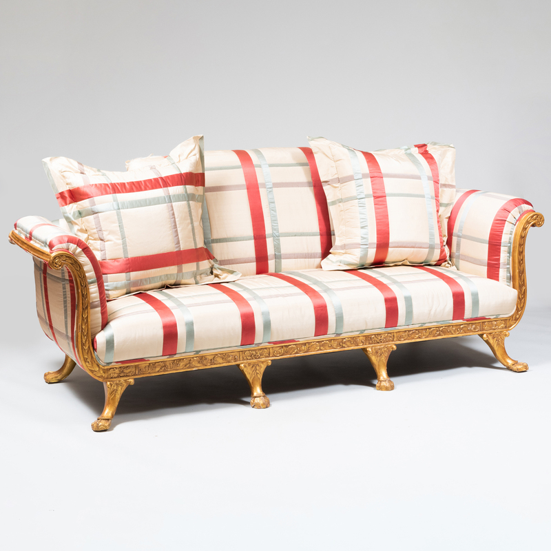 Appraisal: Regency Style Giltwood Satin Upholstered Settee in x ft in