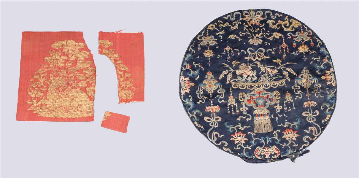 Appraisal: Group of Chinese silk embroideries including circular form blue brown