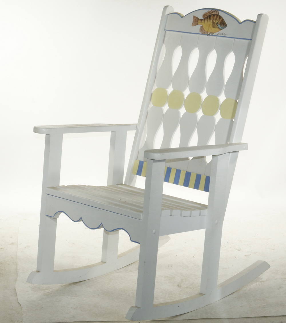 Appraisal: PAINT DECORATED ROCKING CHAIR SIGNED BOTTALICO Custom White Painted Porch