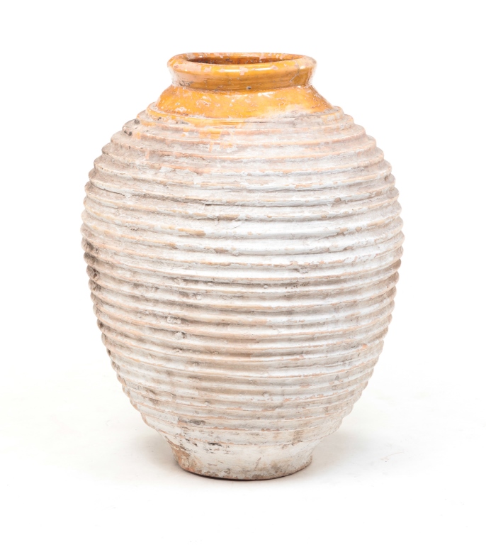 Appraisal: Nineteenth century Ribbed oversize urn with ochre glazed rim and