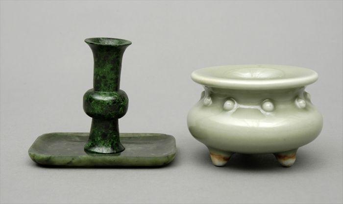 Appraisal: Chinese Spinach Green Jade Candlestick and a Celadon Jar Jar