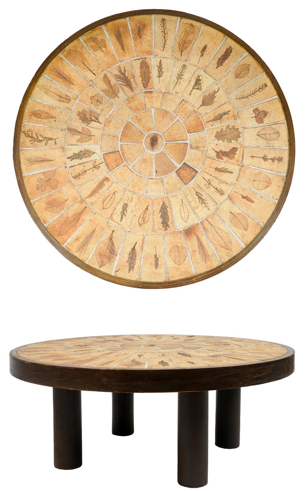 Appraisal: ROGER CAPRON - ROUND COFFEE TABLEFrance s tile and stained