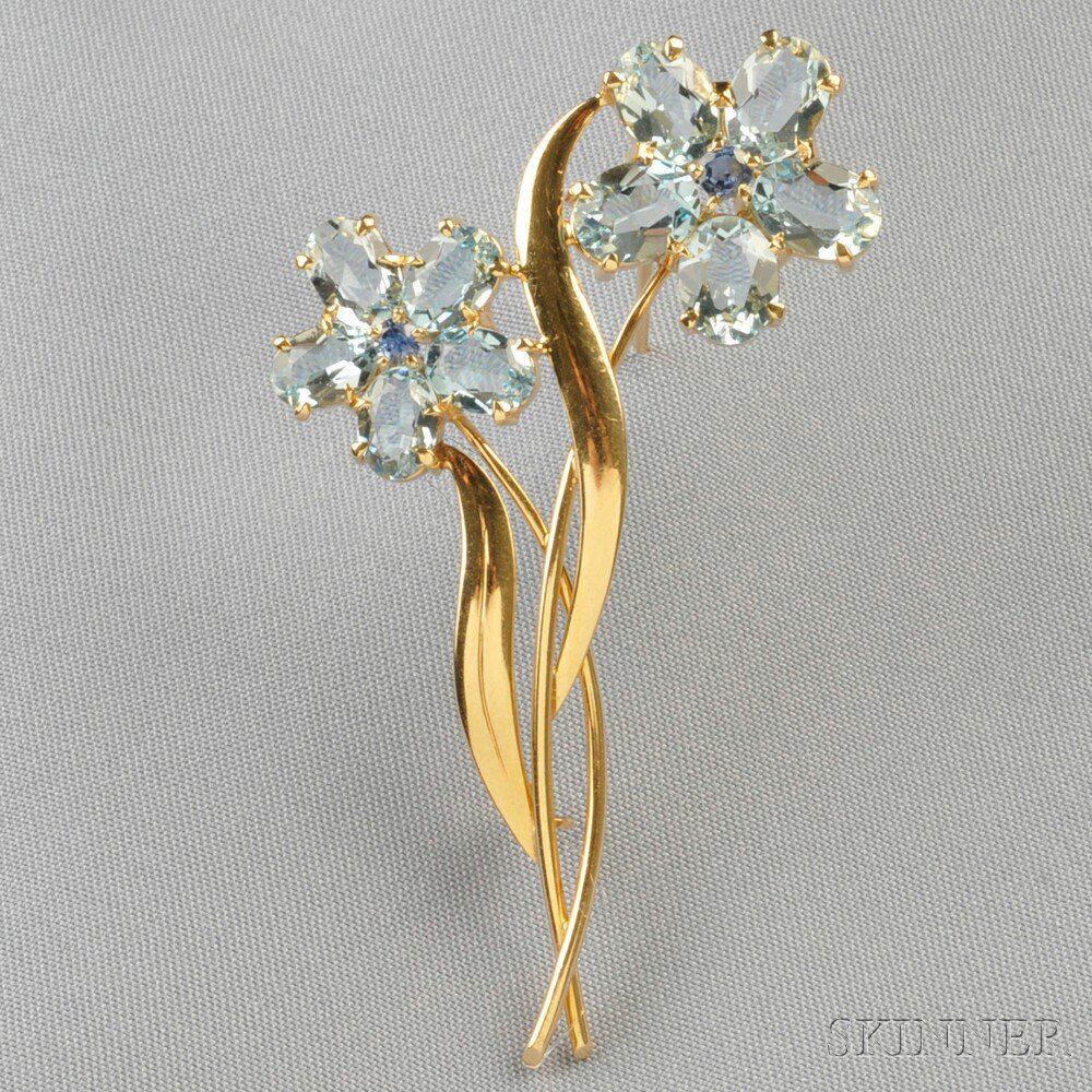 Appraisal: kt Gold Aquamarine and Sapphire Flower Brooch Tiffany Co designed