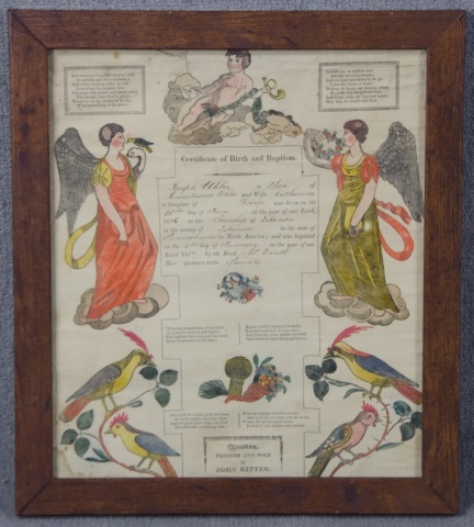 Appraisal: Hand-Colored Printed Pennsylvania FrakturDated Certificate of birth and baptism For