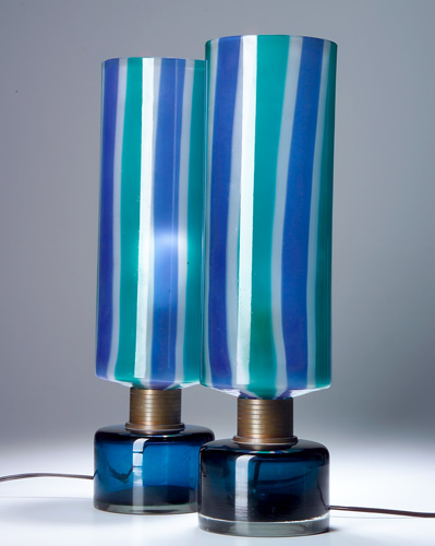 Appraisal: VENINI Fine pair of a canne glass cylindrical table lamps