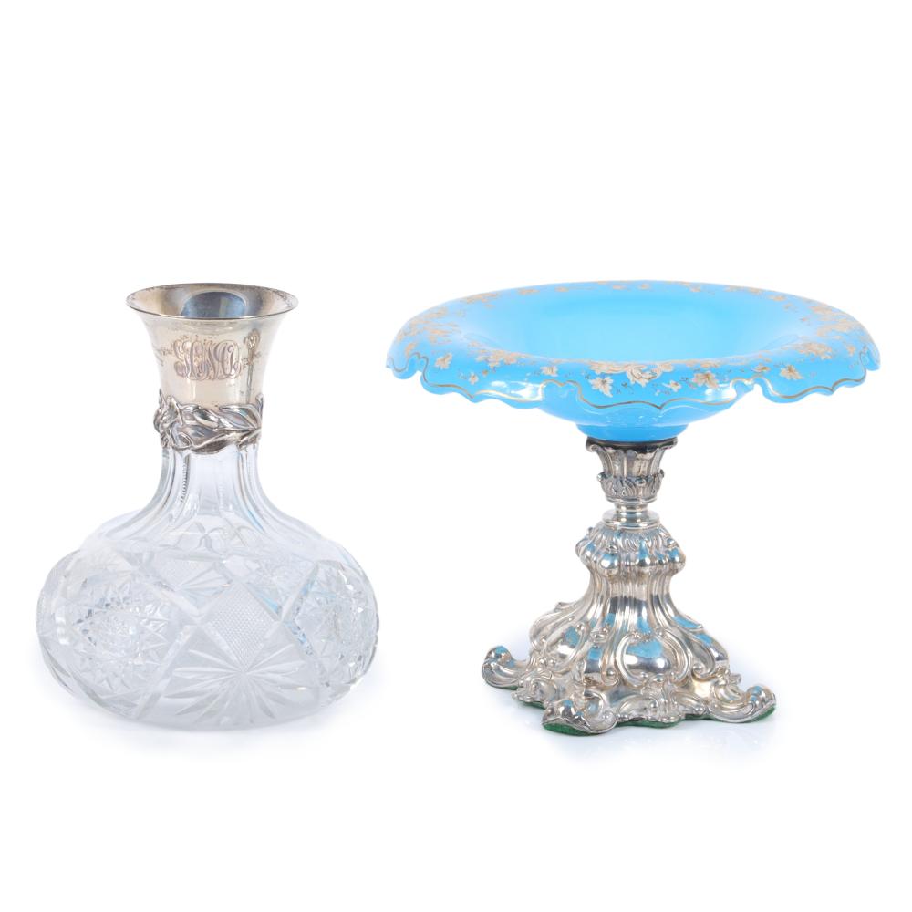 Appraisal: STERLING SILVER AND GLASS TABLEWARE PC BLUE OPALINE GLASS AND