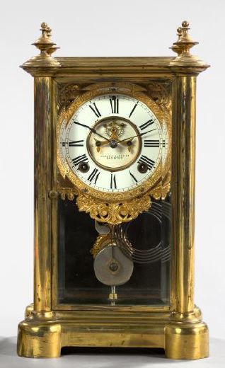 Appraisal: Tall Ansonia Clock Company Gilt-Lacquered Brass and Beveled Glass Mantel