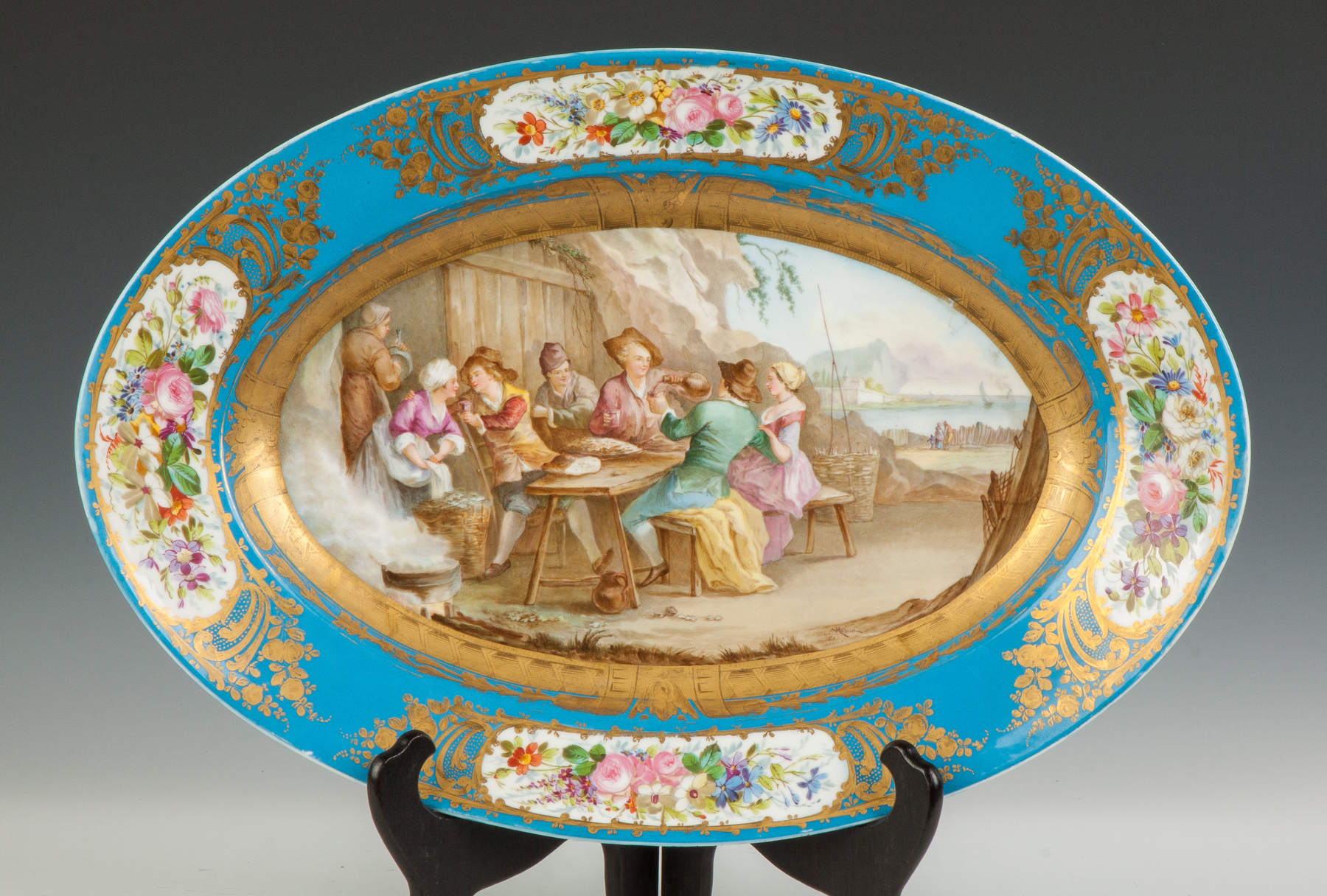 Appraisal: Sevres Hand Painted Porcelain Oval Platter th century Gold leaf