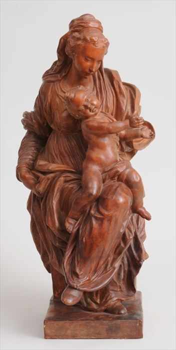 Appraisal: FLEMISH SCHOOL SEATED VIRGIN AND CHILD Terracotta modeled with the