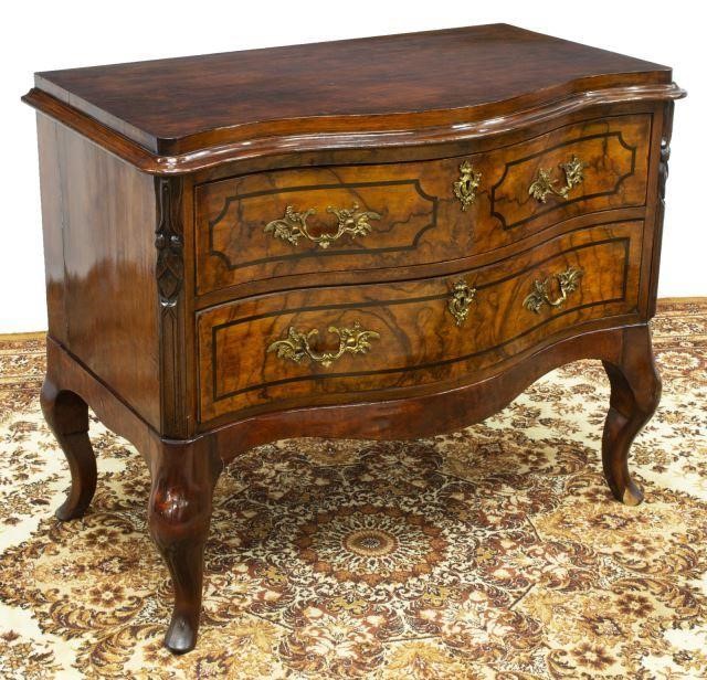 Appraisal: Continental serpentine commode th c fitted with two burlwood-faced drawers