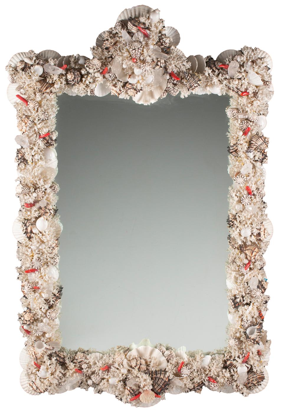 Appraisal: Italian Grotto-Style Seashell-Encrusted Mirror crested surround decorated with assorted shells