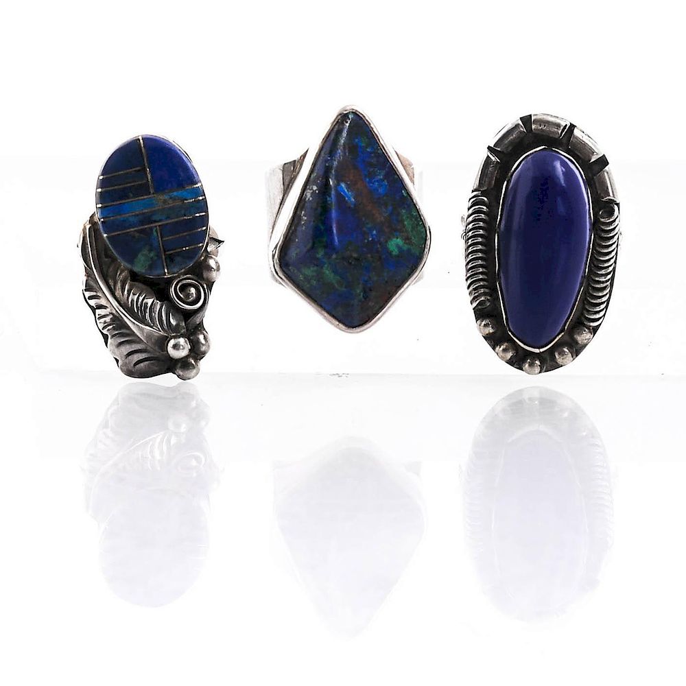 Appraisal: NATIVE AMERICAN TRIBAL SILVER AND LAPIS LAZULI RINGS Hallmarked silver