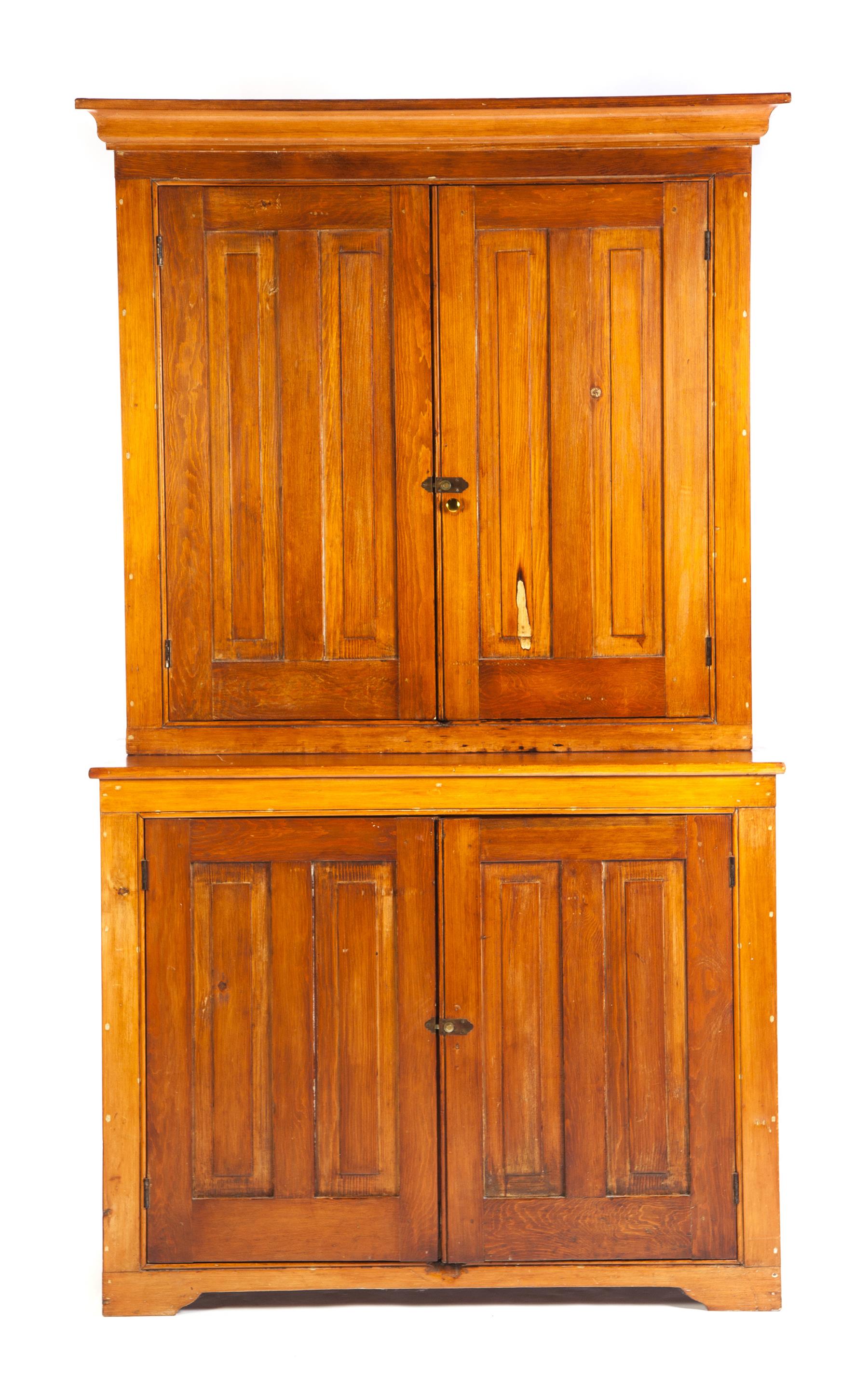 Appraisal: COUNTRY TWO-PIECE STEPBACK CUPBOARD American rd quarter- th century pine