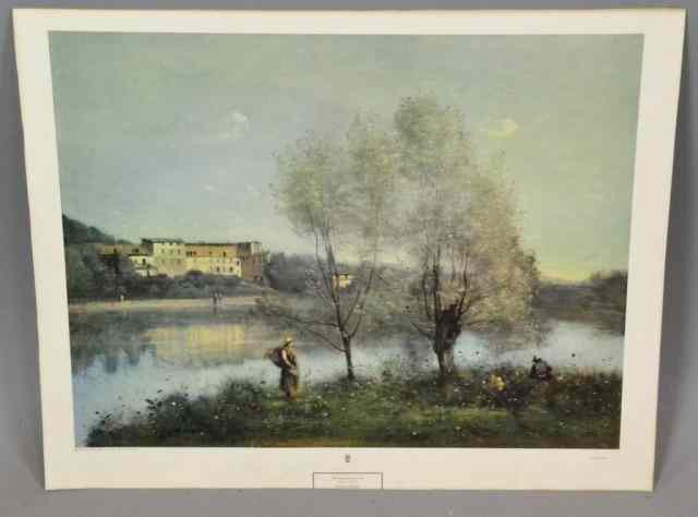 Appraisal: LARGE COROT LANDSCAPE PRINTPeaceful French riverscape by Jean-Baptiste-Camille Corot -