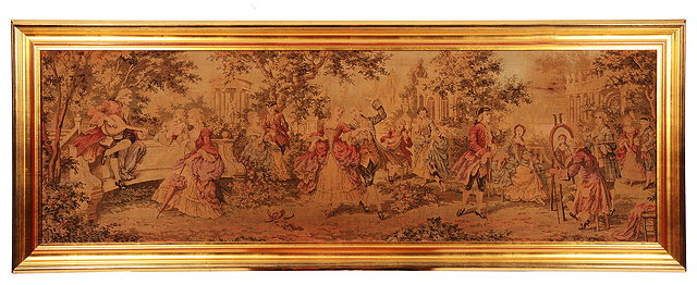 Appraisal: A CONTINENTAL MACHINE MADE TAPESTRY depicting figures and musicians in