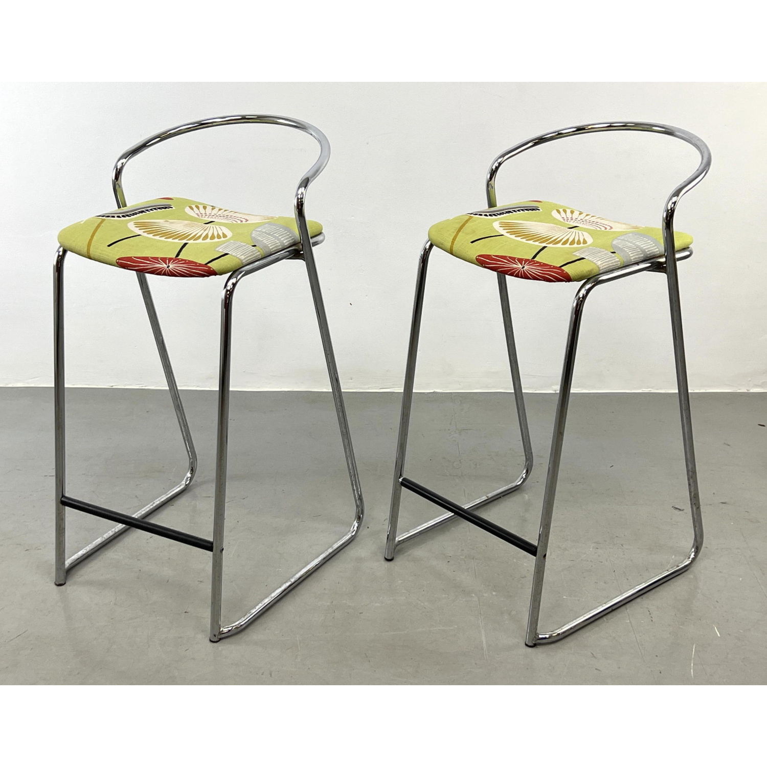 Appraisal: Pr Vintage Chrome Tube Frame Bar Stools Tropical Fabric Seats