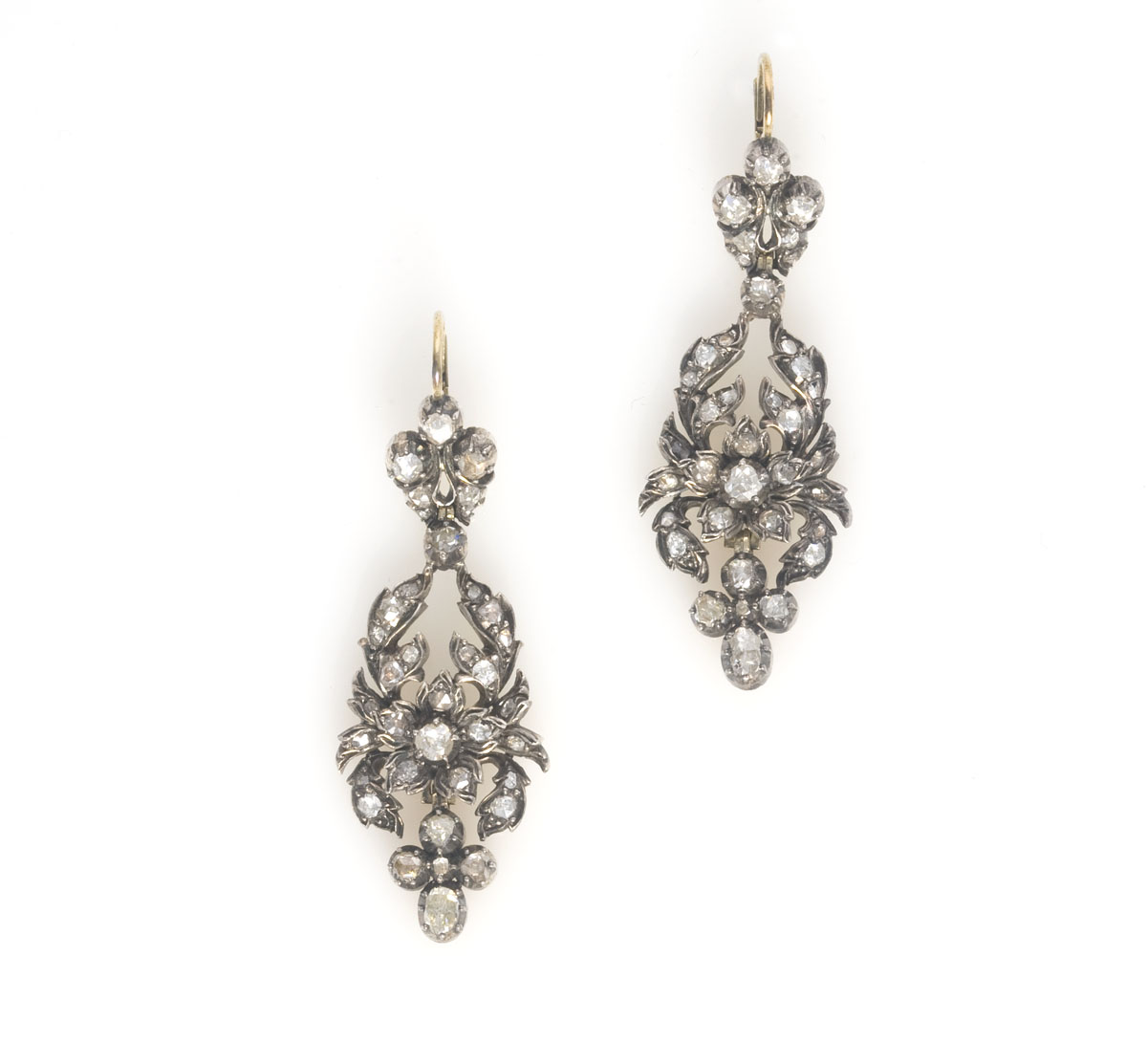 Appraisal: DIAMOND SILVER AND GOLD DROP ANTIQUE EARRINGS The earrings are