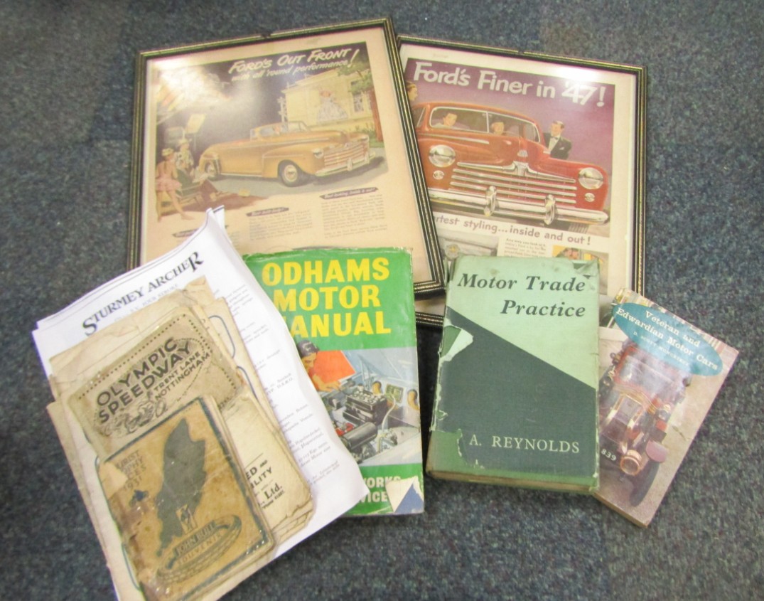 Appraisal: 's Speedway Programmes two framed 's Ford adverts motoring books