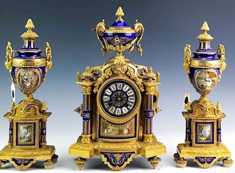 Appraisal: C French Enamel Dore Bronze Clock Garniture Set French Mantel