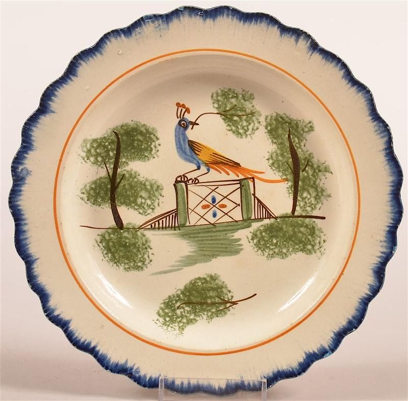 Appraisal: Leeds Blue Feather Peafowl Pattern Toddy Plate Leeds Blue Feather