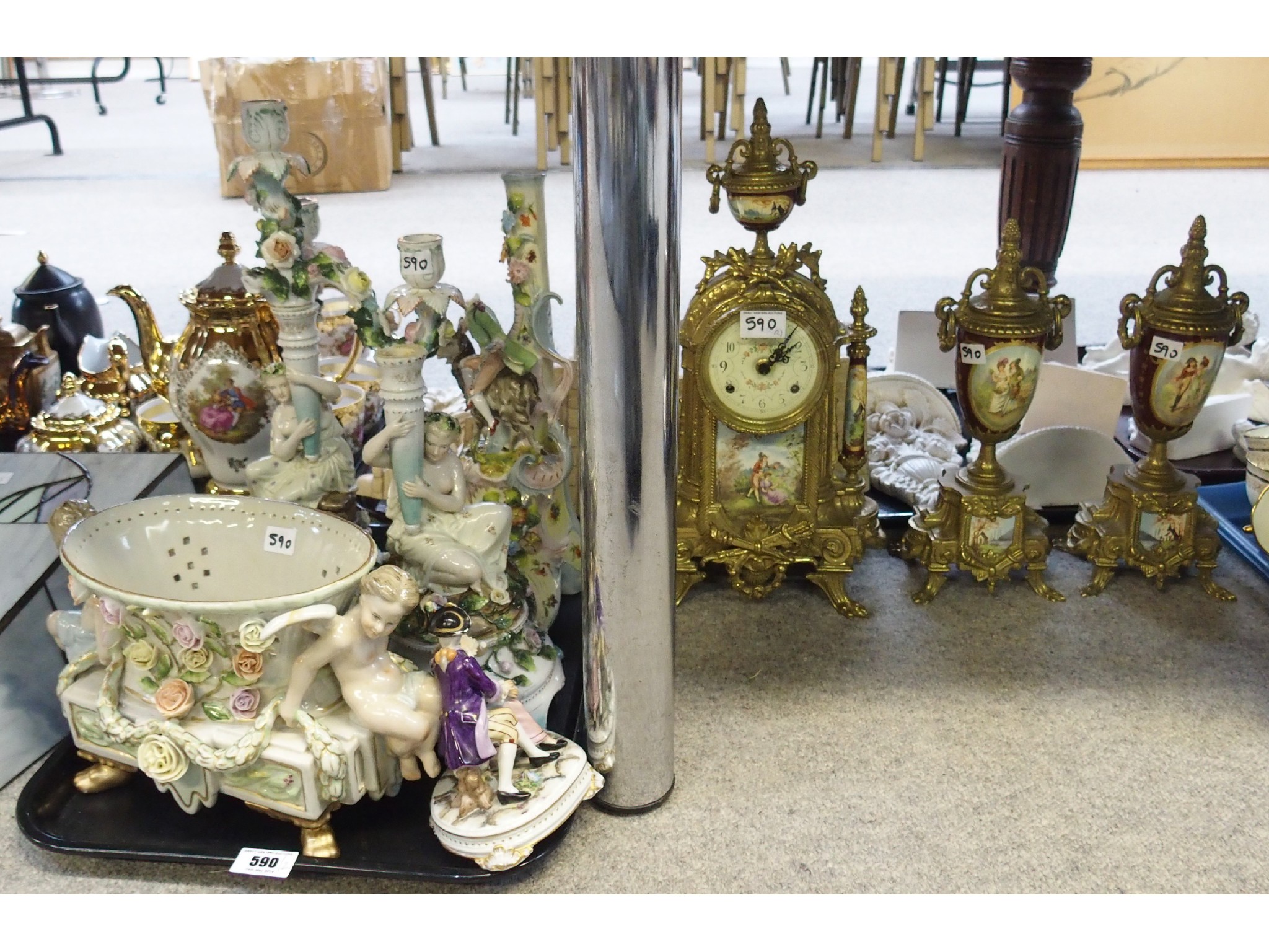 Appraisal: Assorted continental porcelain figures candlesticks etc and a clock garniture