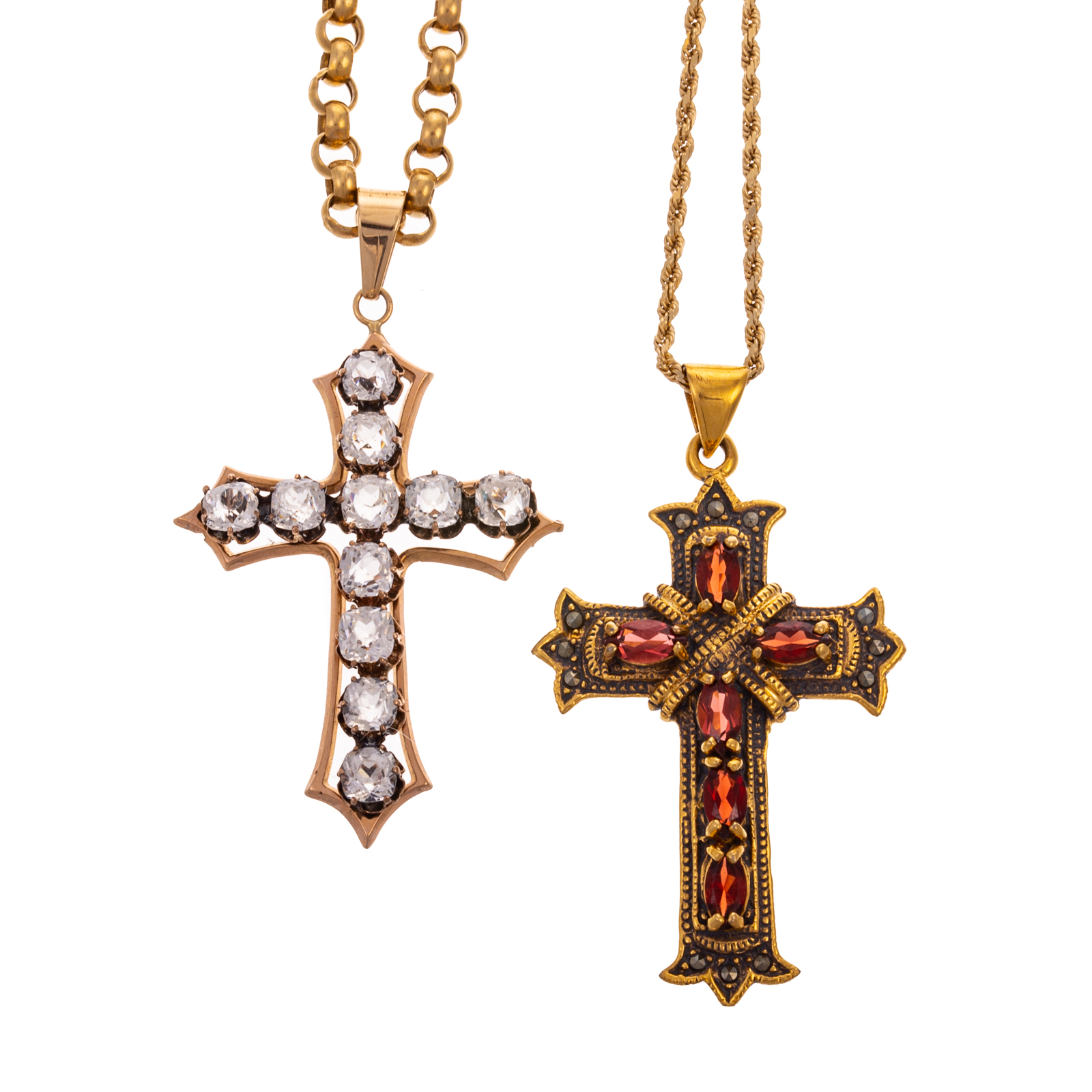 Appraisal: TWO CROSS PENDANTS WITH K YELLOW GOLD CHAINS K yellow