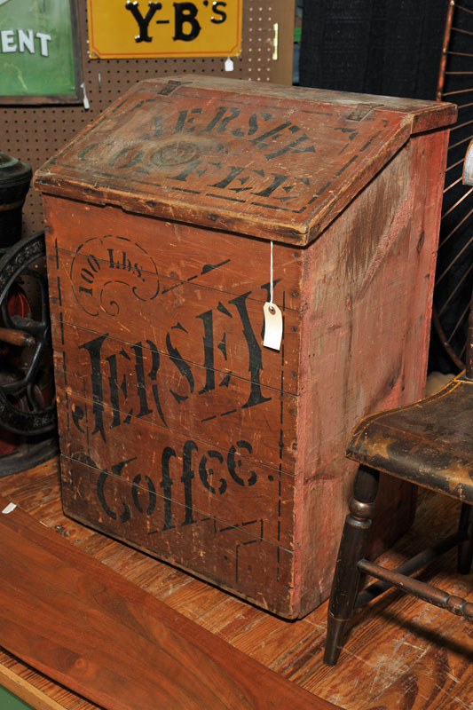 Appraisal: COFFEE BIN Stencil decorated bin signed ''Jersey Coffee'' and ''Dayton