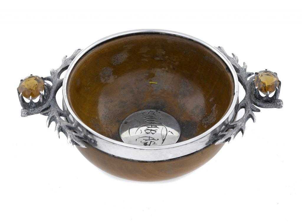 Appraisal: A SCOTTISH VICTORIAN SILVER MOUNTED SYCAMORE QUAICH the bowl inset