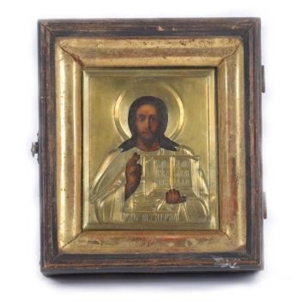 Appraisal: HAND PAINTED RUSSIAN ORTHODOX TRAVEL ICON CHRIST PANTOCRATOR WITH GILT