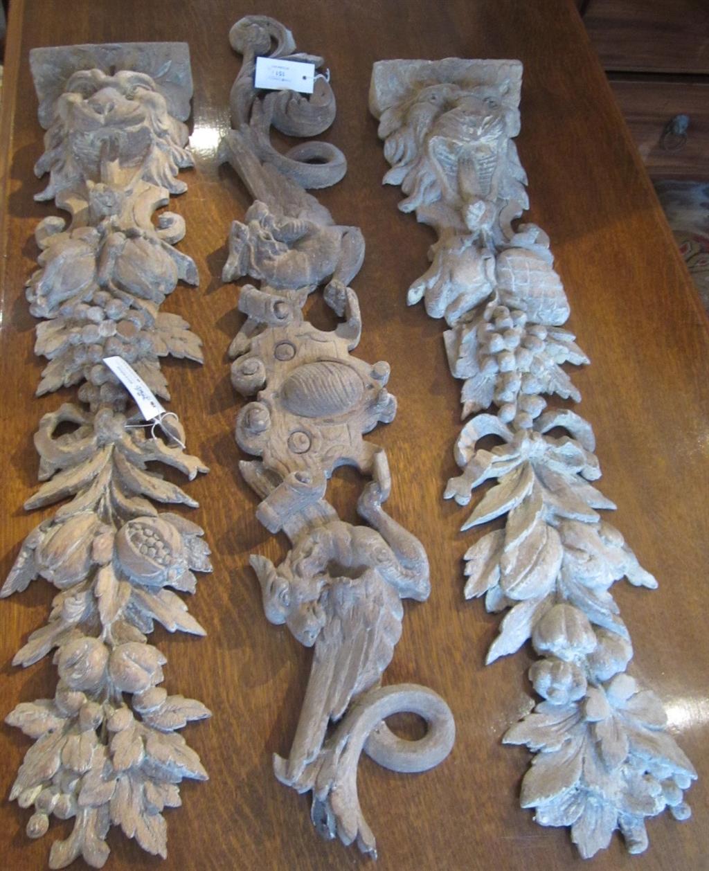 Appraisal: THREE CARVED OAK WALL APPLIQUES largest cm long Estimate -