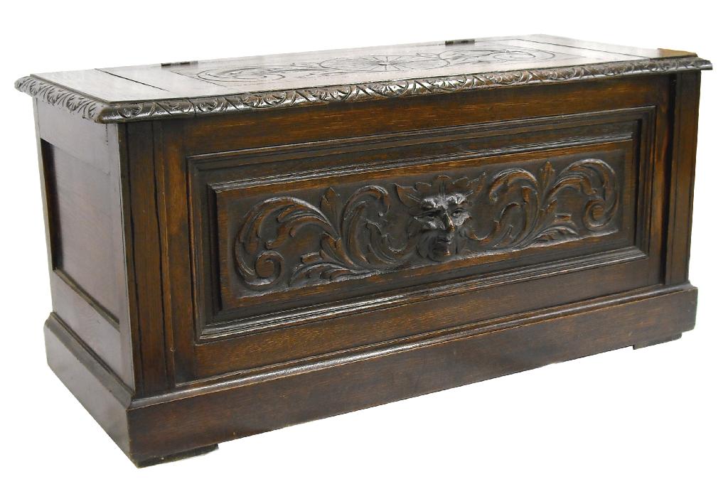 Appraisal: Small th century style carved oak coffer the roundel and