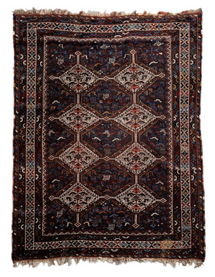 Appraisal: Shiraz Rug two rows of connected serrated diamonds with pendants