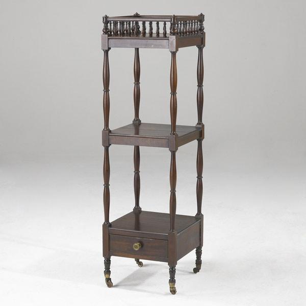 Appraisal: ENGLISH REGENCY WHATNOT Three-tiered mahogany etagere with gallery top ca