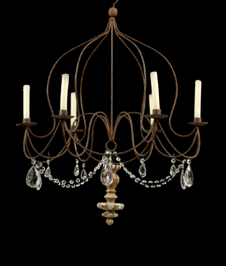 Appraisal: French Provincial Wrought-Iron and Carved Giltwood Six-Light Chandelier of cage