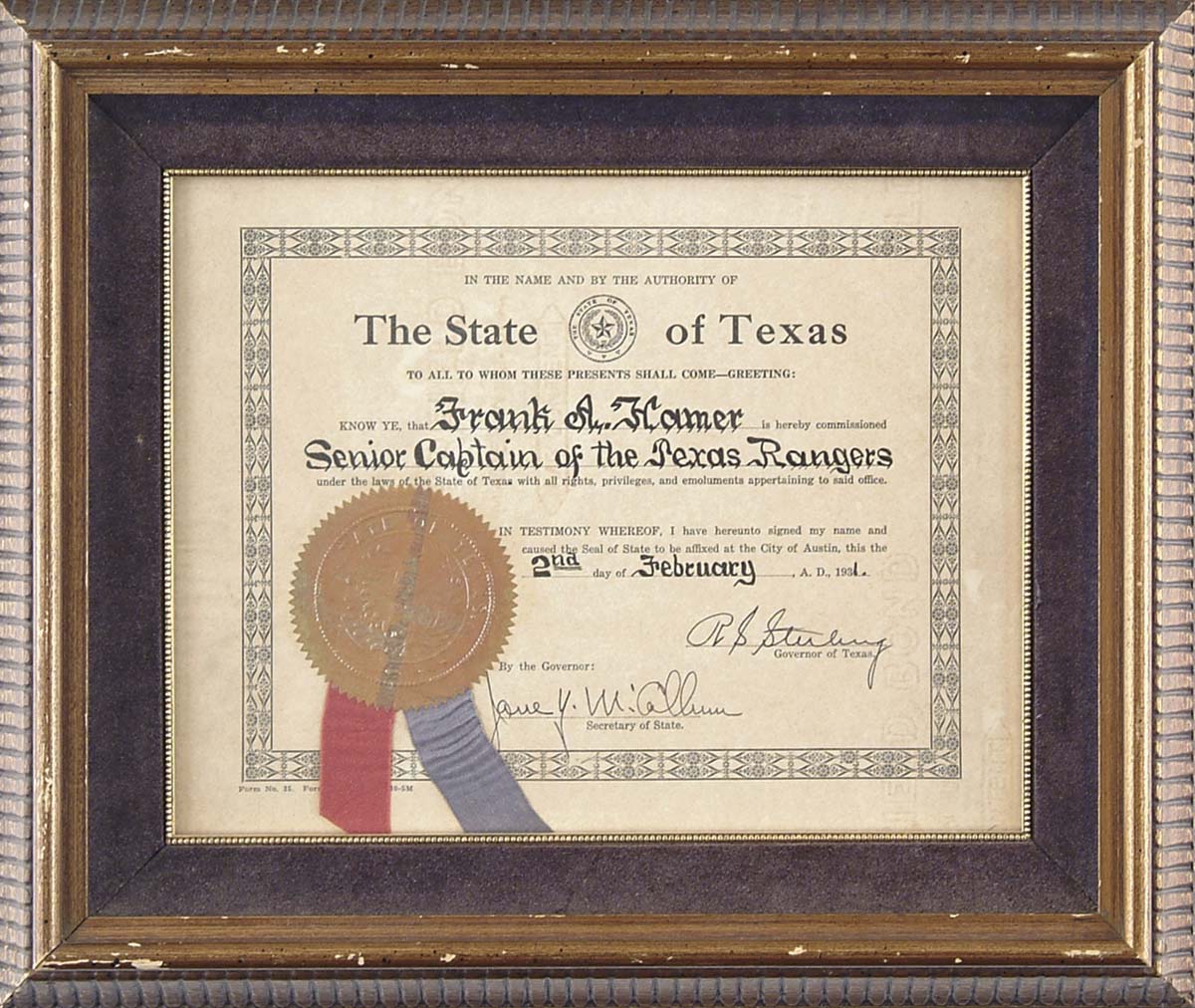 Appraisal: WONDERFUL FRAMED ORIG TEXAS RANGER COMMISSION OF THEIR MOST FAMOUS