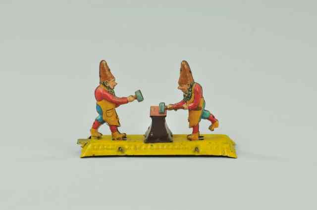 Appraisal: MEIER GNOMES HITTING ANVIL PENNY TOY Germany lithographed tin depicts