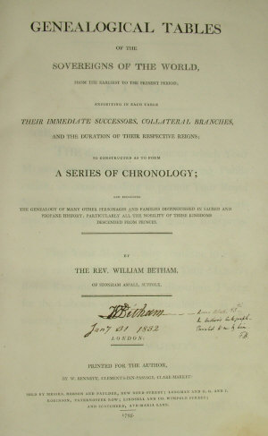 Appraisal: Genealogy - Betham Rev William GENEALOGICAL TABLES OF THE SOVEREIGNS