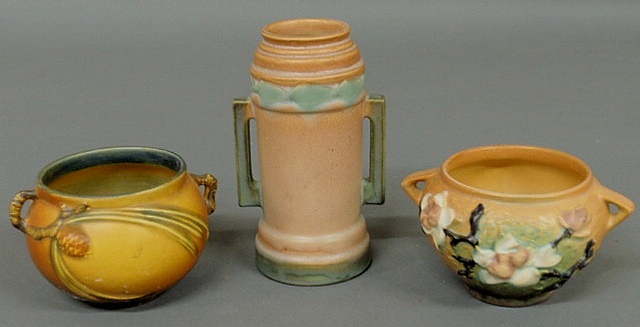 Appraisal: Three signed Roseville pottery vases tallest h