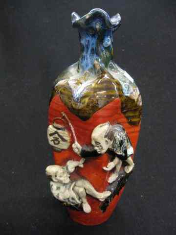 Appraisal: Sumida Oriental Pottery Vase applied figurines lantern signed ''