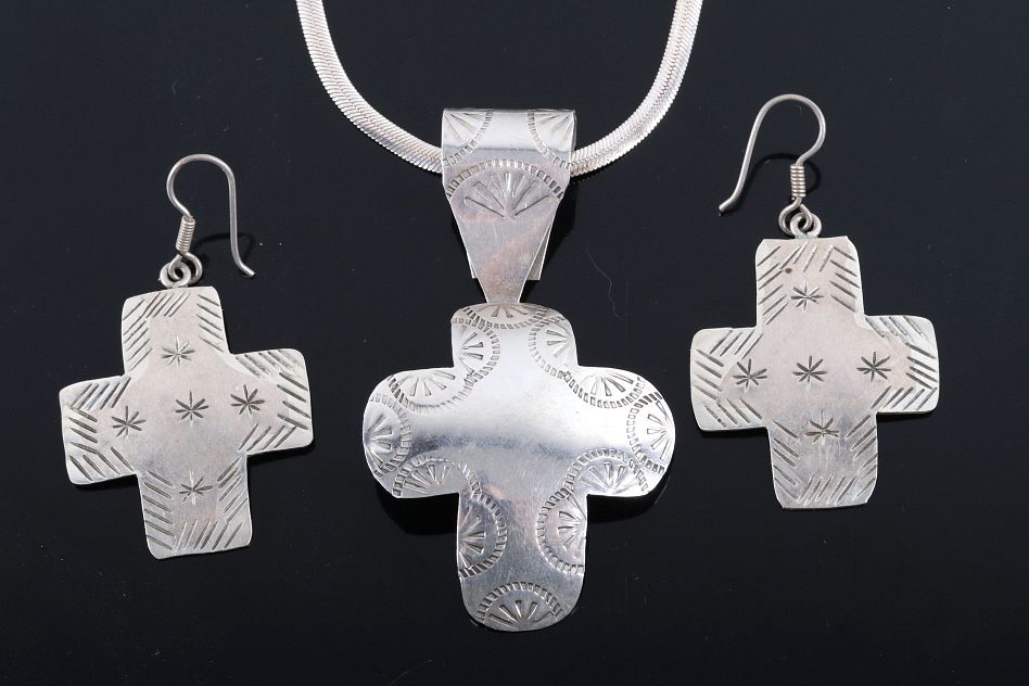 Appraisal: Mexico Sterling Silver Cross Necklace Earrings Featured in this lot