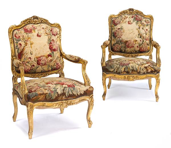 Appraisal: A pair of Louis XV style giltwood and needlework upholstered